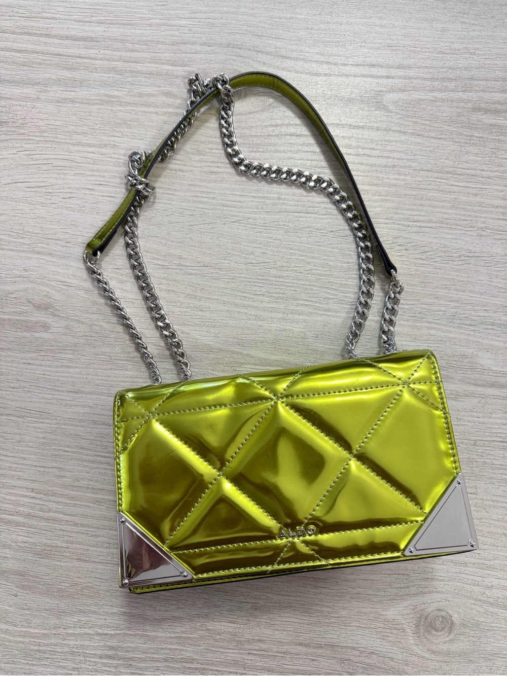Aldo Metallic Lime Quilted Crossbody with Silver Chain
